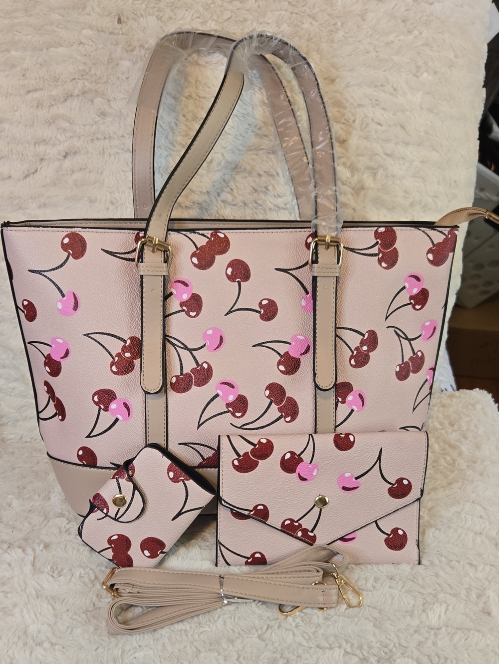 Cherry Print Pink Tote Bag Set - Unbranded